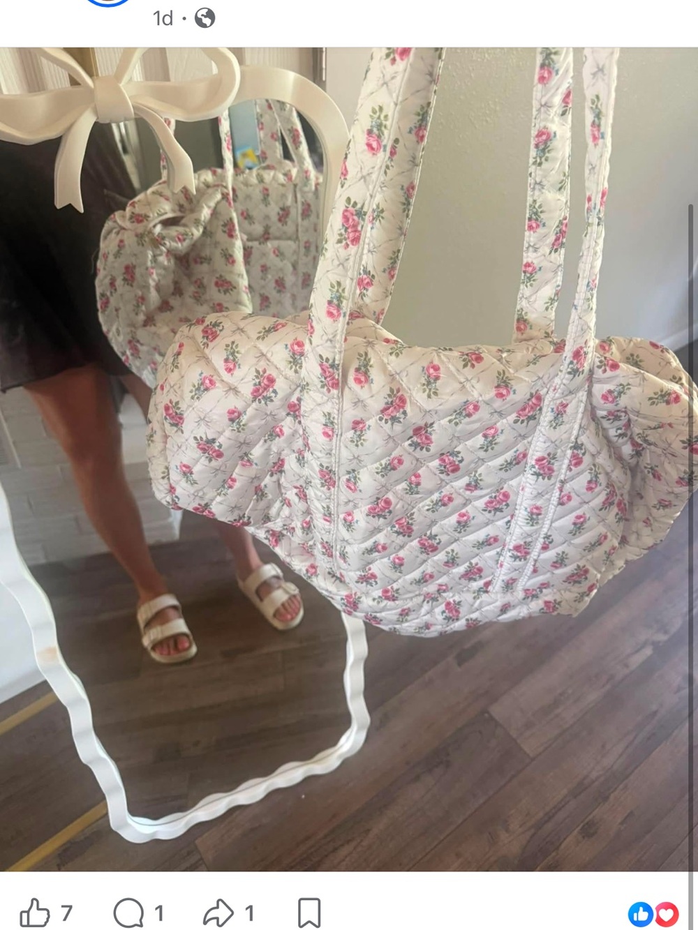 Quilted Floral Tote Bag in Cream and Pink